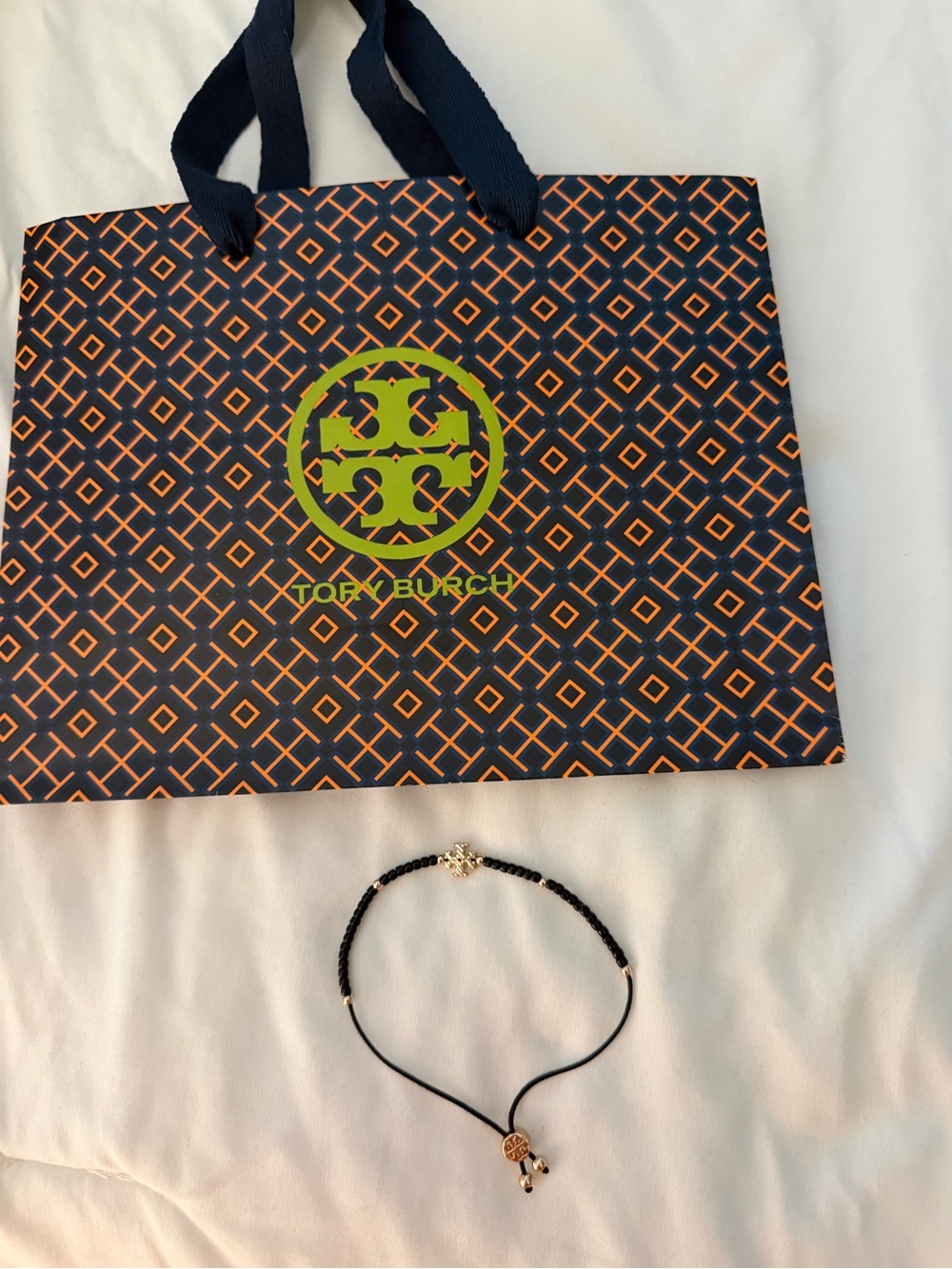 Tory Burch Black Beaded Bracelet with Gold Logo Charm